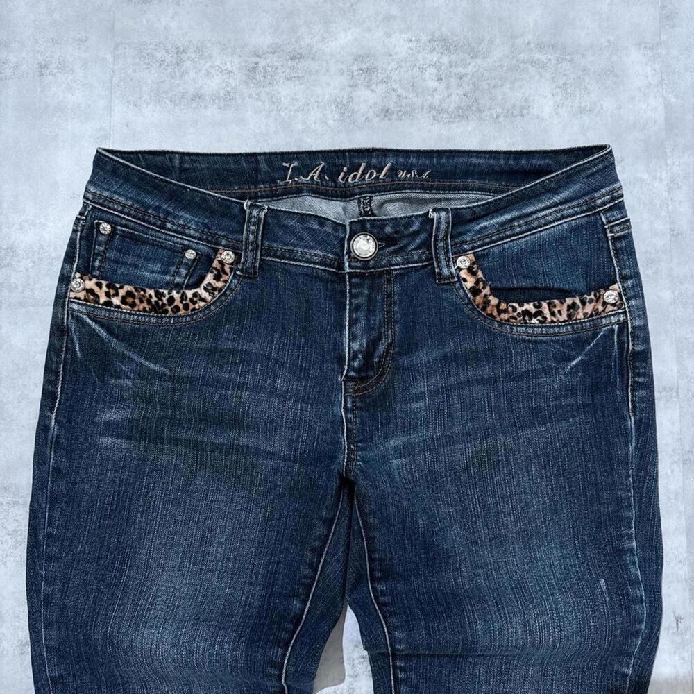 Y2K LA Idol Bluee Leopard Print 00s Denim Jeans - Picture 6 of 8